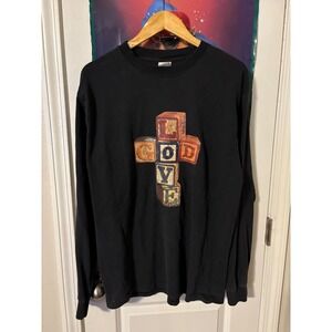 Vintage Black Long Sleeve TShirt Graphic Print GOD LOVE Cross Blocks Mens Size L